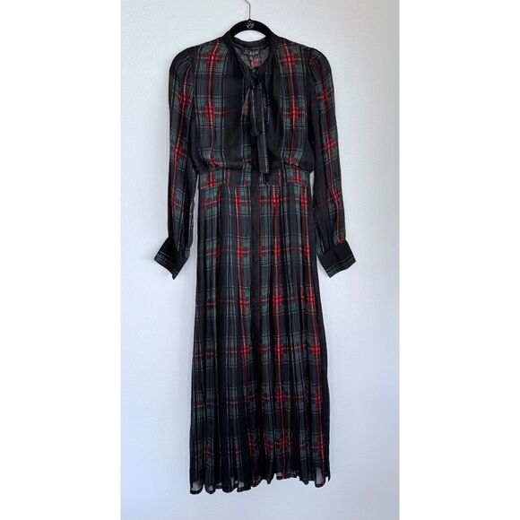 NWT J.Crew Tie-Neck Dress in Stewart Tartan Viscose Chiffon Black Red Green XS - Picture 6 of 15